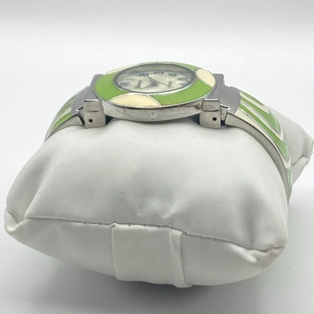 Geneva Women's Watch Silver Tone Green Enamel Look Cuff MOP New Battery SMALL 6